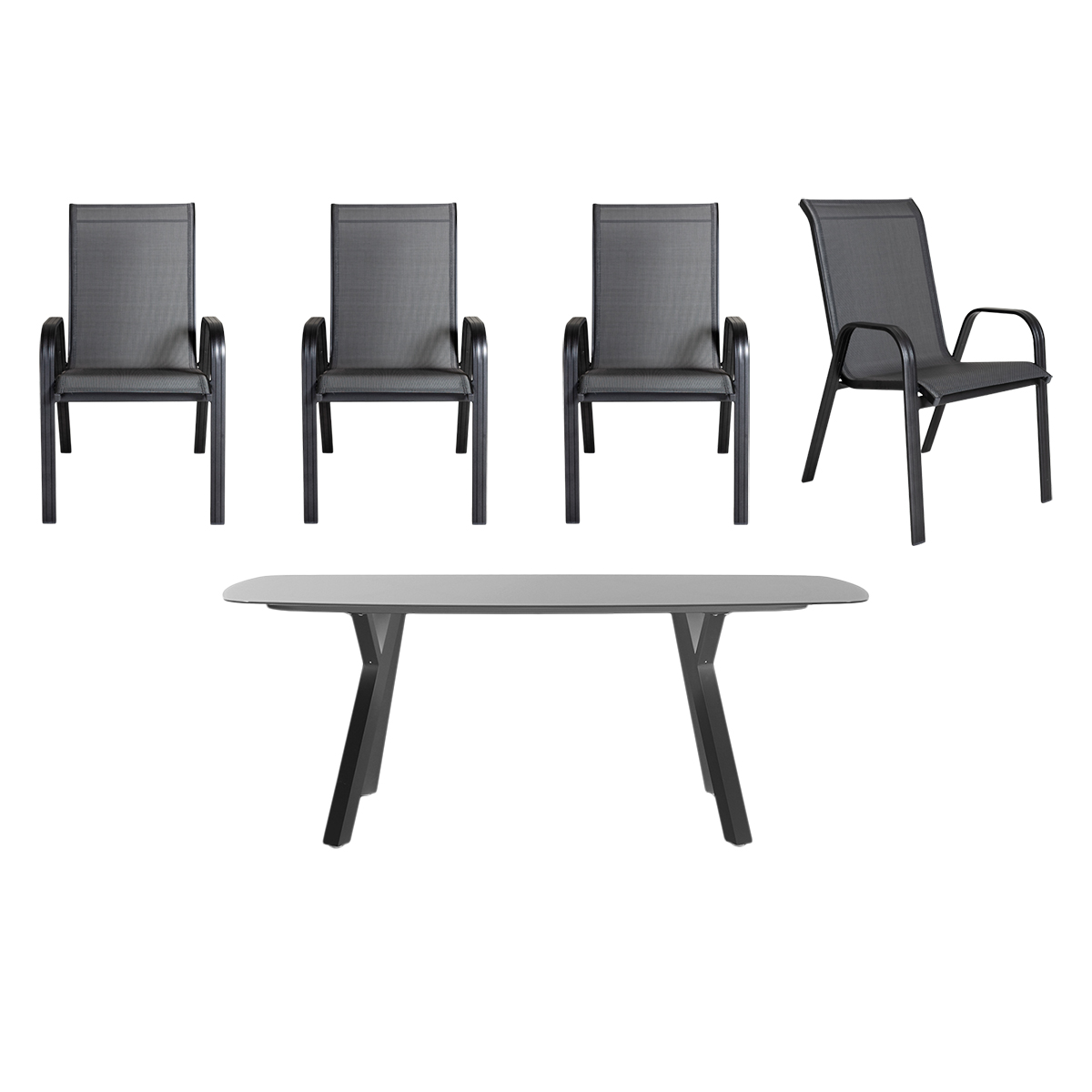 Akaroa/Manley matgrupp med 4 stolar aluminium grå