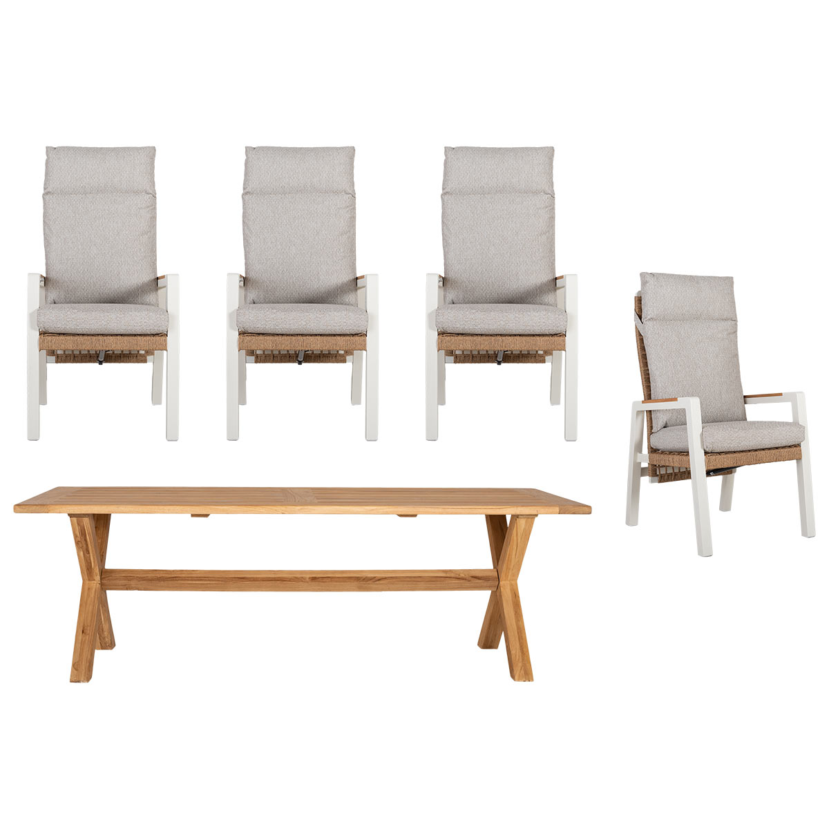 Helios/Ibiza matgrupp med 4 karmstolar teak och aluminium creme