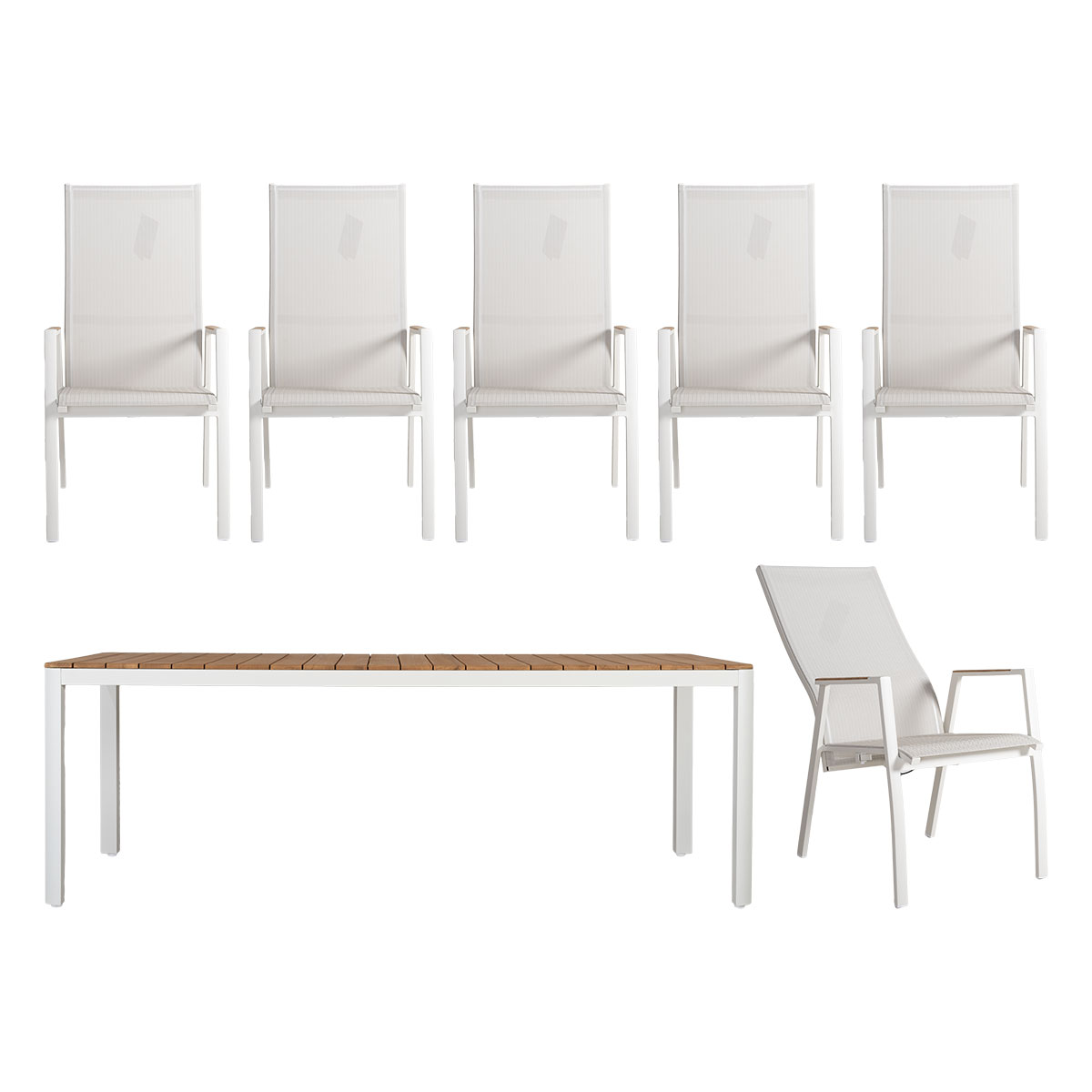 Ibiza matgrupp med 6 positionsstolar aluminium creme 220 cm