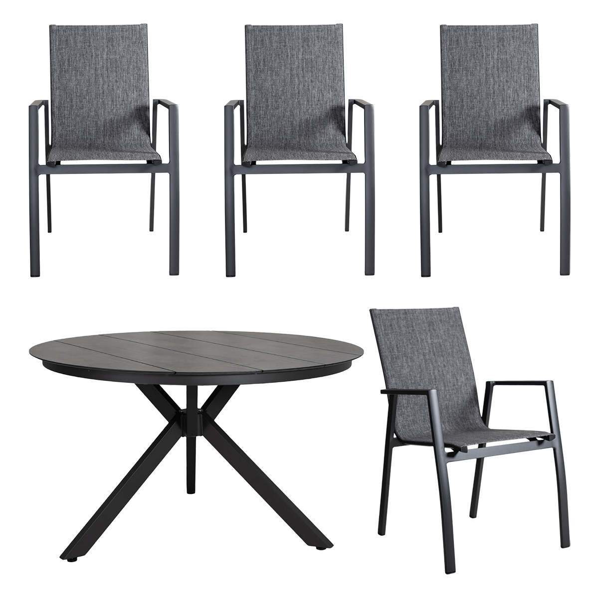 Palma/Dallas matgrupp med 4 karmstolar aluminium antracit Ø119 cm