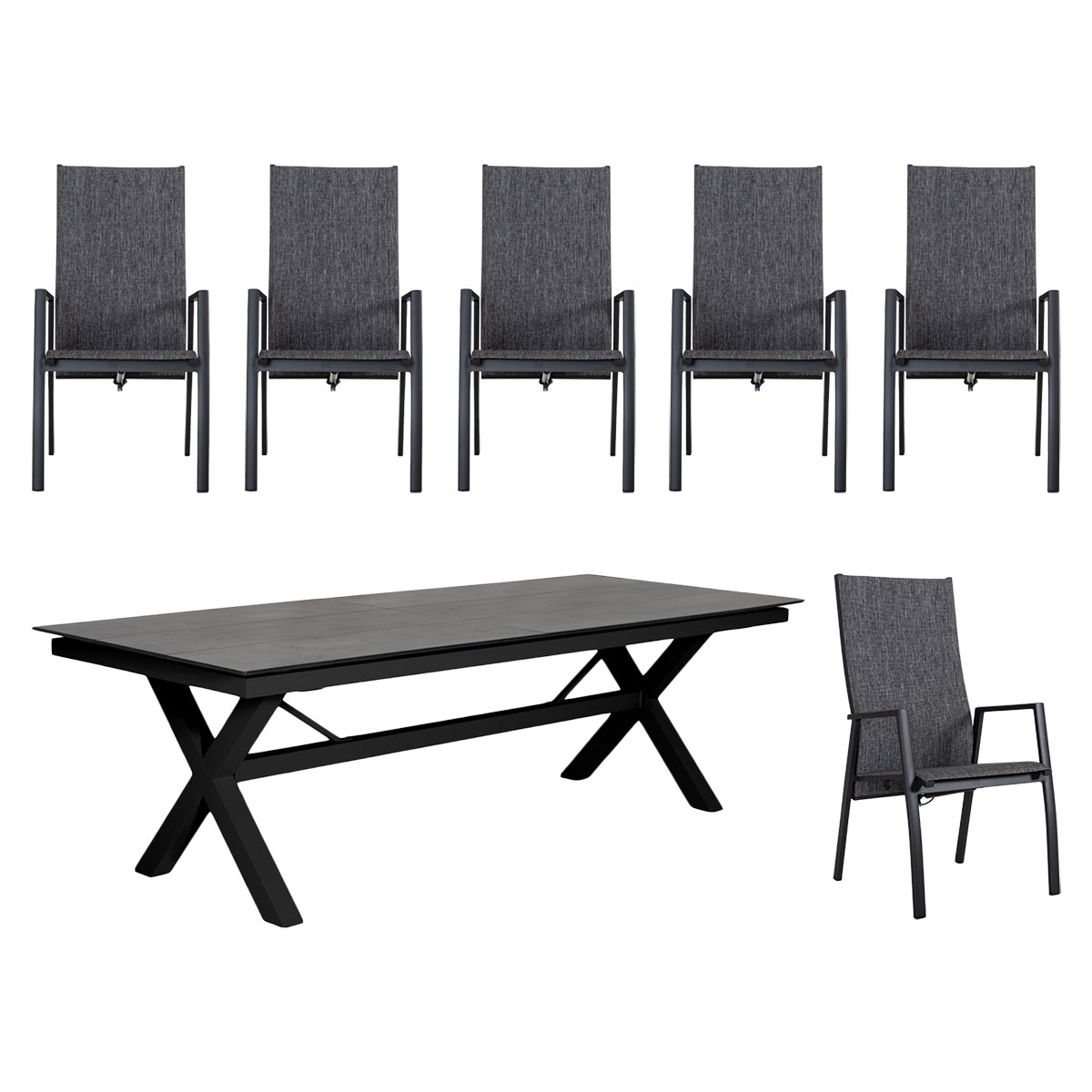 Palma/Dallas matgrupp med 6 stolar aluminium antracit 240/315 cm